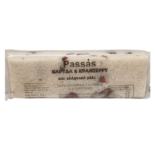 Μπάρα πρωτεΐνης Πασσάς καρύδα & κράνμπερι με ελληνικό μέλι. Κείμενο: Passás, ΚΑΡΥΔΑ & ΚΡΑΝΠΕΡΡΥ.